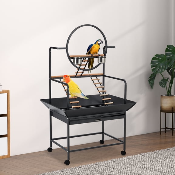 Bird Playstand, 66'' H Inch Birdcage Stand Activity Play Center with Perches and Ladders, Removable Tray, Indoor Outdoor Playground for Parakeet,Cockatiels Conures Parrots, Lockable Caster,Black