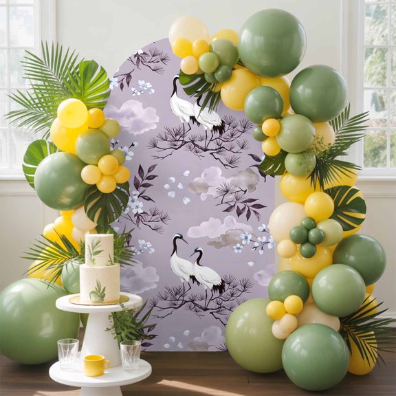 Bird Plum Blossoms Arch Backdrop Cover, 4FT, Rustic Traditional Floral Purple Flower Cloud Spandex Arch Covers Double-Sided Backdrop for Wedding Birthday Party Photo Background Decoration