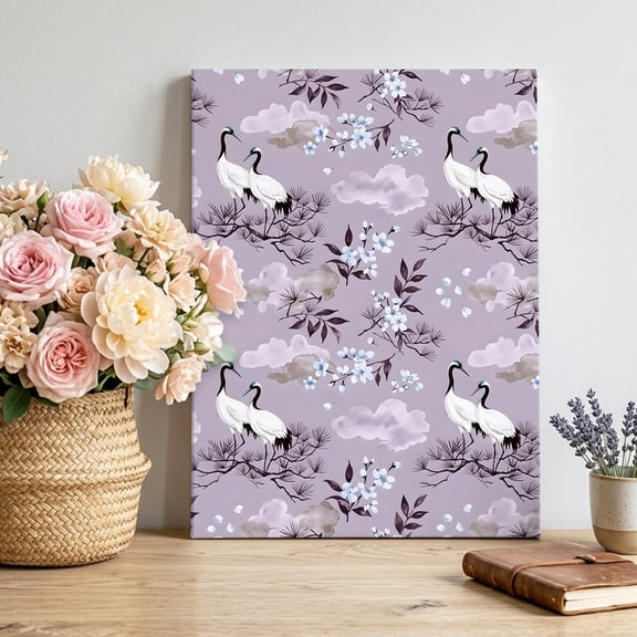 Bird Plum Blossoms Canvas Wall Art, Rustic Traditional Floral Purple Flower Cloud Pictures Wall Decor Wooden Framed Artwork Art Prints for Living Room Hallway Bedroom Office 8"x12"