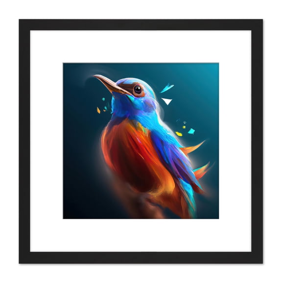 Bird Portrait Bright Blue Orange Colourful Painting Square Wooden Framed Wall Art Print Picture 8X8 Inch