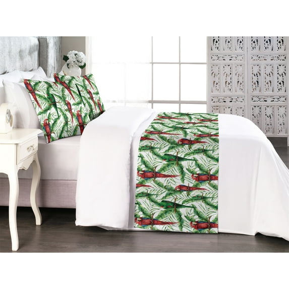 Bird Print Bed Runner Set, Exotic Parrots on Tropical Branches Watercolor Leaves Jungle Life, Decorative Bedding Scarf & 2 Pillow Shams for Hotels Homes, King, Fern Green and Dark Pink, by Ambesonne