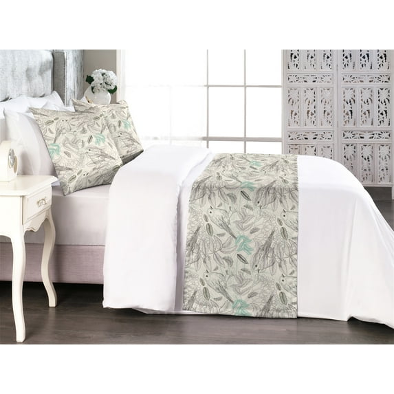 Bird Print Bed Runner Set, Scribbles of Flying Animal on the Branch Sketch Style of Artwork, Decorative Bedding Scarf & 2 Pillow Shams for Hotels Homes, Queen, Off White Taupe Seafoam, by Ambesonne