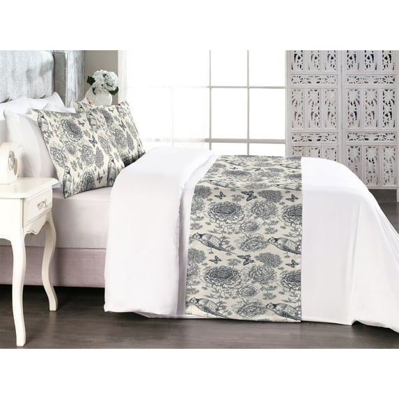 Bird Print Bed Runner Set, Vintage Floral Monochrome Outline Motif of English Garden Blossoms, Decorative Bedding Scarf & 2 Pillow Shams for Hotels Homes, Queen, Eggshell Dark Blue Grey, by Ambesonne