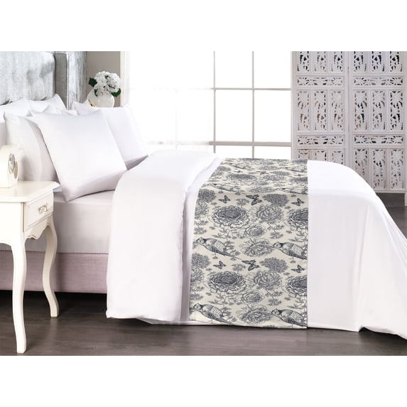 Bird Print Bed Runner, Vintage Floral Monochrome Outline Motif of English Garden Blossoms, Decorative Accent Bedding Scarf for Hotels Homes & Guest Rooms, King, Eggshell Dark Blue Grey, by Ambesonne