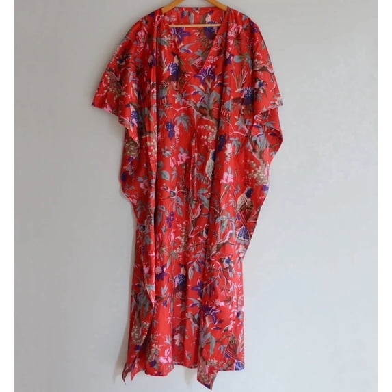 Bird Print Cotton Fabric Indian Kaftan Dress Long Top Caftan, Dress Beach Wear Cover up, Printed Sleepwear Maxi Dress Boho Kimono Robe