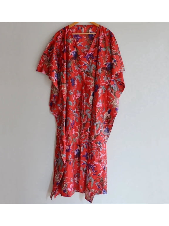 Bird Print Cotton Fabric Indian Kaftan Dress Long Top Caftan, Dress Beach Wear Cover up, Printed Sleepwear Maxi Dress Boho Kimono Robe