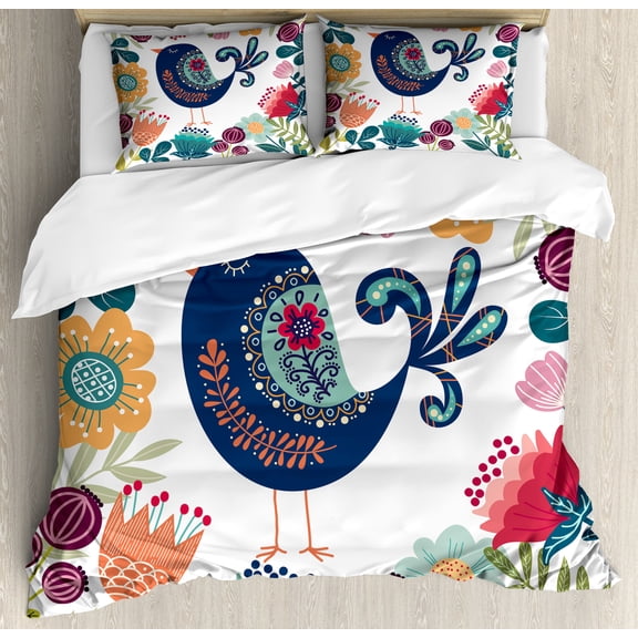 Bird Print Duvet Cover Set, Composition of Scandinavian Inspired Botanical Items, Decorative 3 Piece Bedding Set with 2 Pillow Shams, Calking Size, Night Blue Multicolor, by Ambesonne