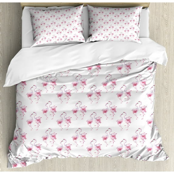 Bird Print Duvet Cover Set, Watercolor Silhouettes with Paint Blots, Decorative 3 Piece Bedding Set with 2 Pillow Shams, King Size, Pale Pink Pale Mauve, by Ambesonne