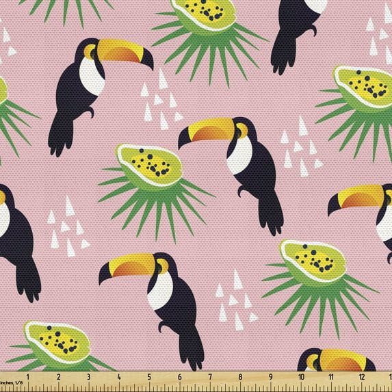 Ambesonne Bird Print Fabric by the Yard Upholstery, Fruit Palm and Toucans, 2 Yards, Rose and Multicolor