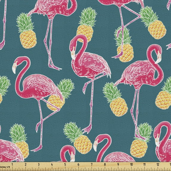Ambesonne Bird Print Fabric by the Yard Upholstery, Flamingos and Pineapples, 10 Yards, Petrol Blue Multicolor