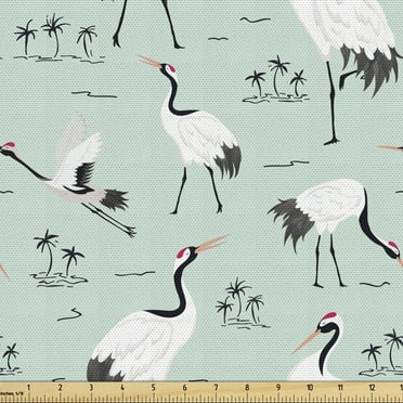 Bird Print Fabric by the Yard Upholstery, Japanese Cranes and Exotic Trees, Decorative Fabric for DIY and Home Accents, 5 Yards, Pale Blue White by Ambesonne