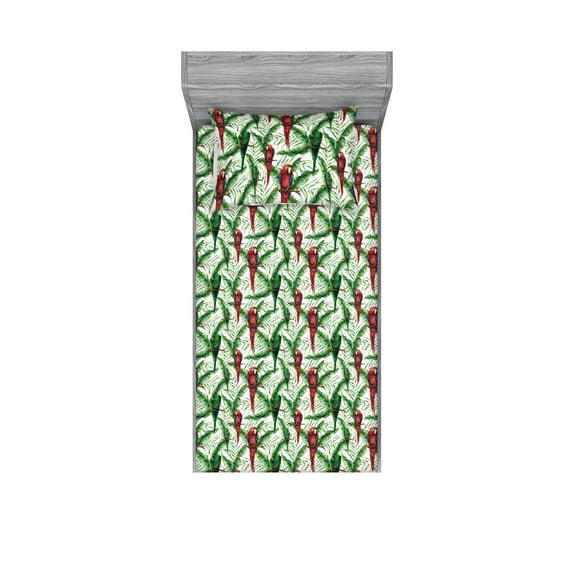 Bird Print Fitted Sheet & Pillow Sham Set, Exotic Parrots on Tropical Branches Watercolor Leaves Jungle Life, Decorative Printed 2 Piece Bedding Decor, Twinxl, Fern Green and Dark Pink, by Ambesonne