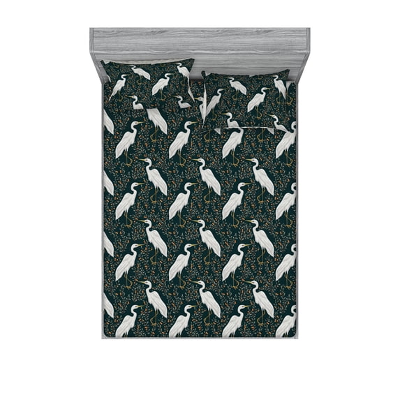 Bird Print Fitted Sheet & Pillow Sham Set, Nature Inspired Sketch Herons With Cranberry Floral Branches Botanical, Decorative Printed 3 Piece Bedding Decor, Calking, Hunter Green Ivory, by Ambesonne