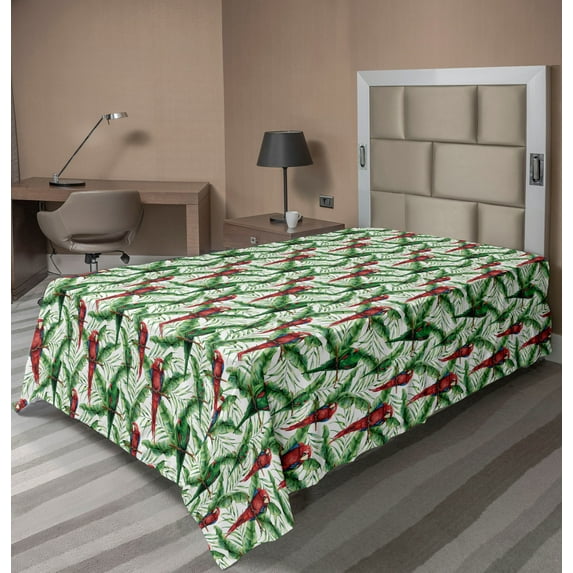 Bird Print Flat Sheet, Exotic Parrots on Tropical Branches Watercolor Leaves Jungle Life, Soft Comfortable Top Sheet Decorative Bedding 1 Piece, TwinXL Size, Fern Green and Dark Pink, by Ambesonne