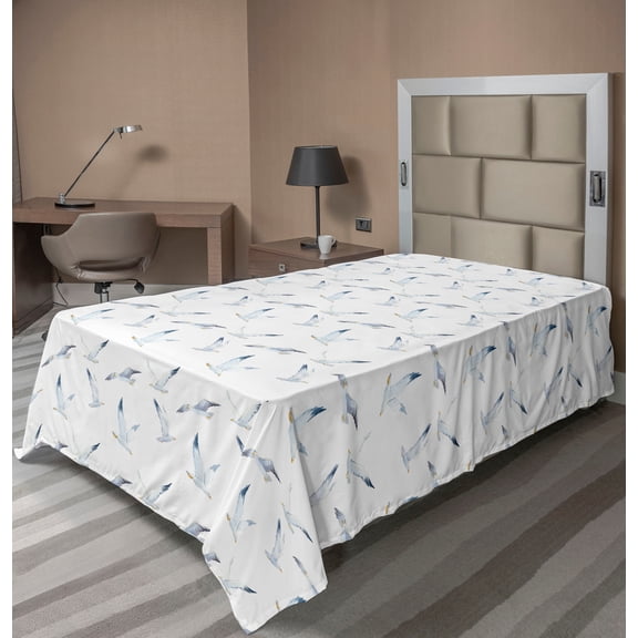 Ambesonne Bird Print Flat Bedding Sheet Soft Top Sheet, Art Watercolor Seagulls, Twin, White and Soft Blue