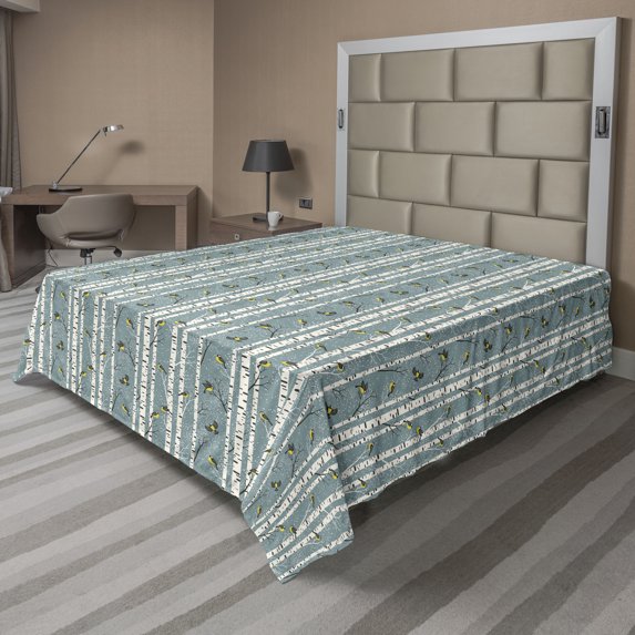 Ambesonne Bird Print Flat Bedding Sheet Soft Top Sheet, Winter Forest Snowy Art, Full, Cadet Blue Yellow and Grey