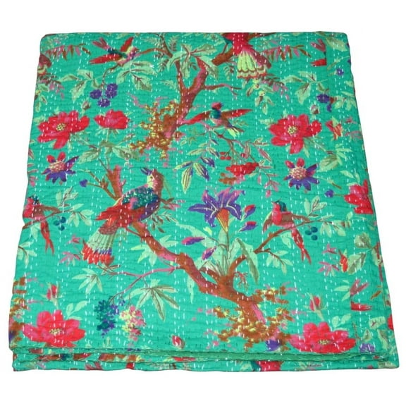 Bird Print Kantha Quilt Indian Handmade Throw Reversible Blanket Bedspread Cotton Fabric BOHEMIAN boho quilt bedding coverlets, 90*108