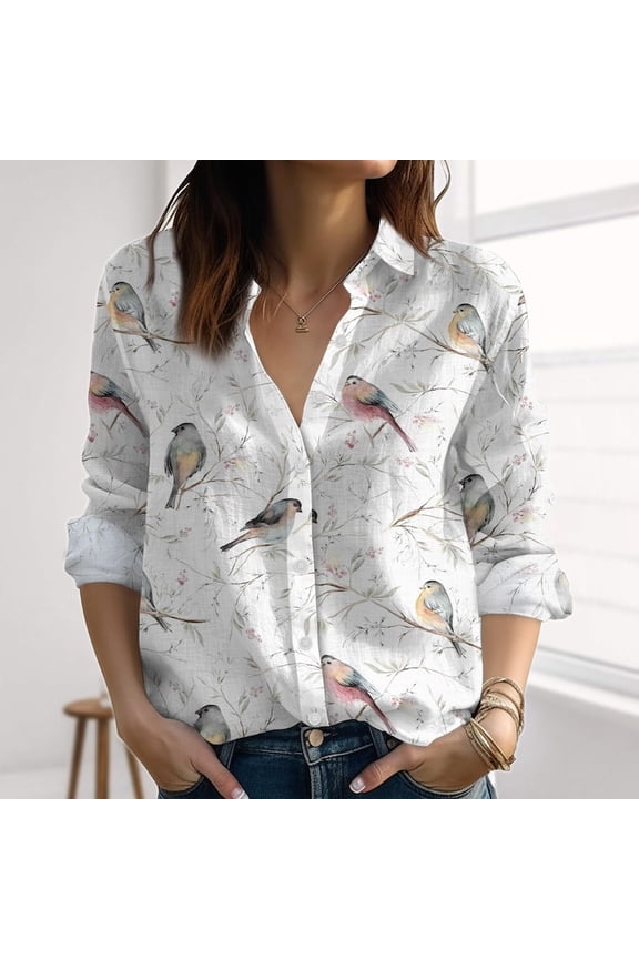 Bird Print Linen-Look Shirt, Botanical Blouse Shirt, Nature Summer Vacation Top, Cottagecore Garden Shirt Women, Vacation Shirt For Her, Button Up Shirt, Blouses Tops Women, Gift for Mother