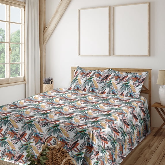 Ambesonne Bird Print Fitted & Flat Sheet with Sham 3 Pcs Set, Art Jungle Leaves Summer, Twin, Dark Teal Cinnamon Rose