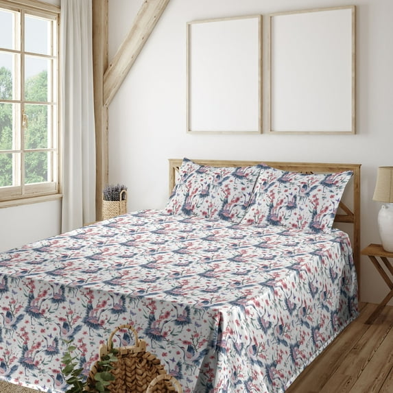 Ambesonne Bird Print Fitted & Flat Sheet with Sham 3 Pcs Set, Retro Wild Floral Cranes, Twin, Dark Pink and Slate Blue