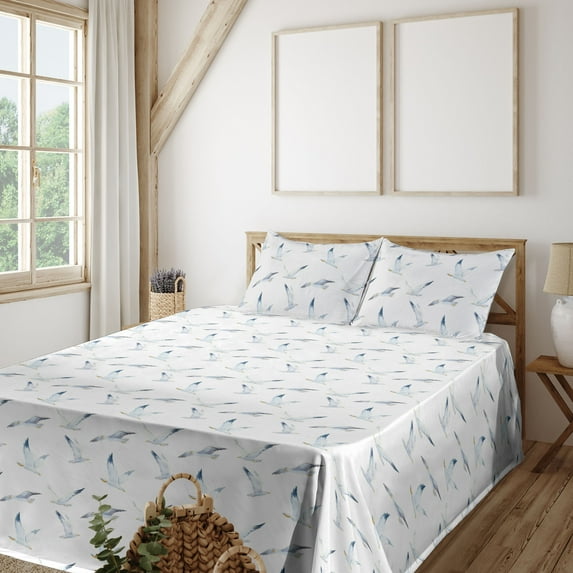 Ambesonne Bird Print Fitted & Flat Sheet with Shams 4 Pcs Set, Art Watercolor Seagulls, King, White and Soft Blue