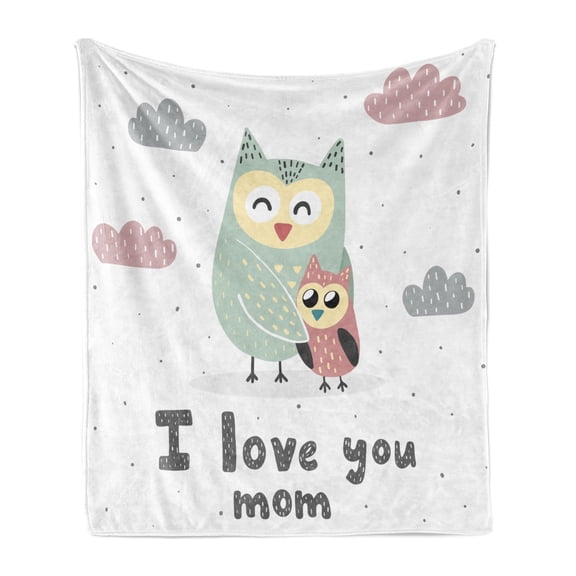Bird Print Soft Flannel Fleece Throw Blanket, I Love You Mom Typography with Owls and Clouds, Cozy Plush for Indoor and Outdoor Use, 50" x 70", Multicolor, by Ambesonne