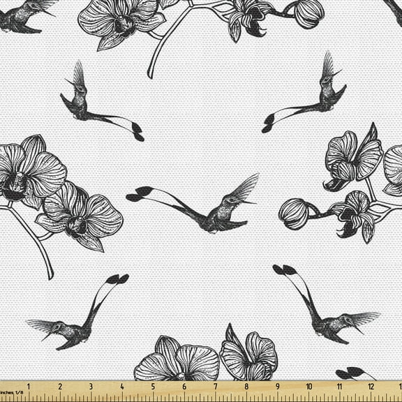 Ambesonne Bird Print Fabric by the Yard Upholstery, Hummingbirds and Orchids, 1 Yard, Black and White