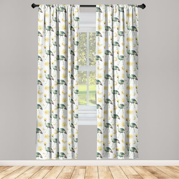 Bird Print Window Curtains, Bohemian Sun and Moon Pattern and Watercolor Cranes Illustration, Lightweight Decor 2-Panel Set with Rod Pocket, Pair of - 28"x63", Pale Earth Yellow Ivory, by Ambesonne
