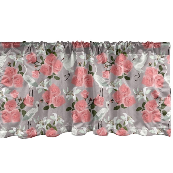 Bird Print Window Valance, Romantic and Pastel English Garden Roses with Japanese Cranes, Curtain Valance for Kitchen Bedroom with Rod Pocket, 54" X 18", Pale Mauve and Dried Rose, by Ambesonne