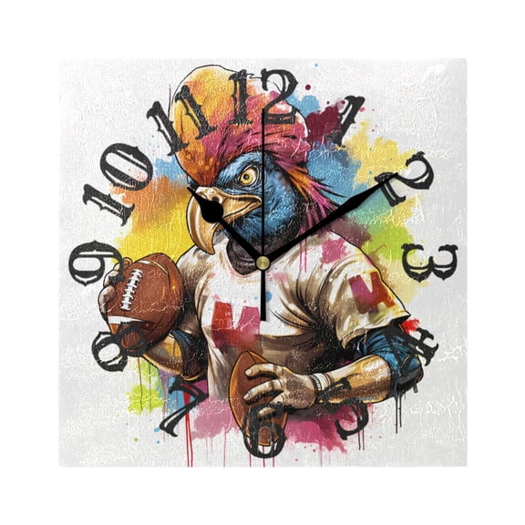 Bird Rugby Player Football Wall Clock Square Silent Non Ticking Battery Operated Clock for Home Bathroom Kitchen Bedroom Living Room