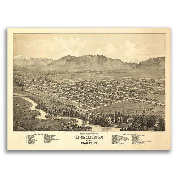 Bird'S Eye View 1875 Ogden Utah Vintage Style City Map Home Decor Office Wall Art