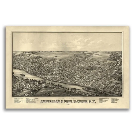 Bird'S Eye View 1881 Amsterdam & Port Jackson New York Vintage City Map Home Decor Office Wall Art