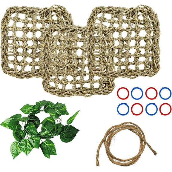 Bird Seagrass Mat, 3 PCS 7.1 x 7.1 Inches Parrot Natural Seagrass Woven Bird Net Hammock Mat, Parakeet Climbing Rope Ladder Chew Toys Hut Hideout for Lovebird Cockatiel Conure Budgie