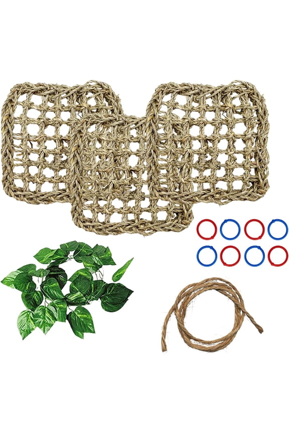 Bird Seagrass Mat, 3 PCS 7.1 x 7.1 Inches Parrot Natural Seagrass Woven Bird Net Hammock Mat, Parakeet Climbing Rope Ladder Chew Toys Hut Hideout for Lovebird Cockatiel Conure Budgie