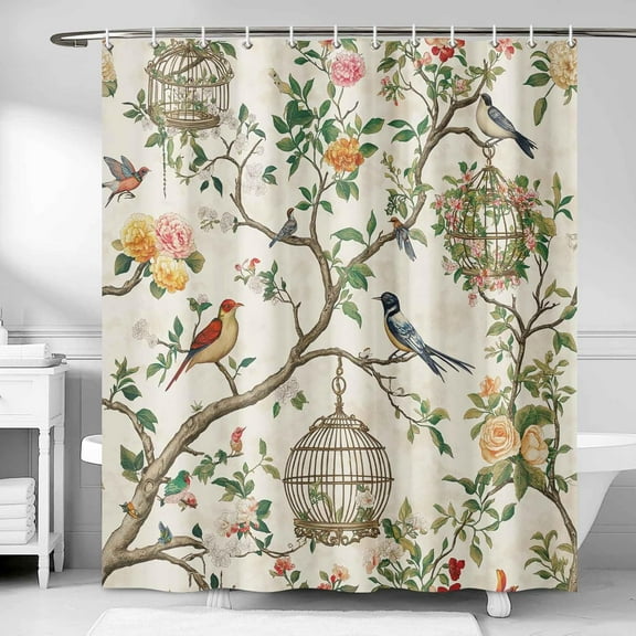 Bird Shower Curtain,Birds on Tree with Green Leaves Farmhouse Bathroom Decor Polyester Fabric Waterproof Bath Curtain with Hooks-72"W x 72"L (Pack of 1)