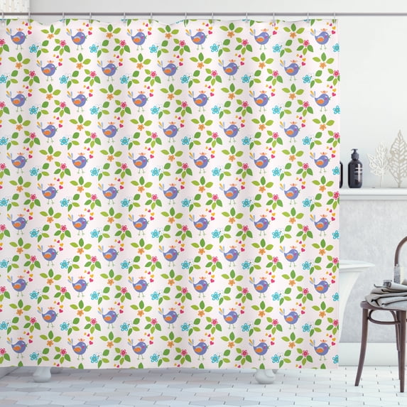 Bird Shower Curtain, Singing Birds with Musical Heart Form Notes Theme with Floral Background Doodle Print, Fabric Bathroom Set with Hooks, 69W X 84L Inches Extra Long, Multicolor, by Ambesonne
