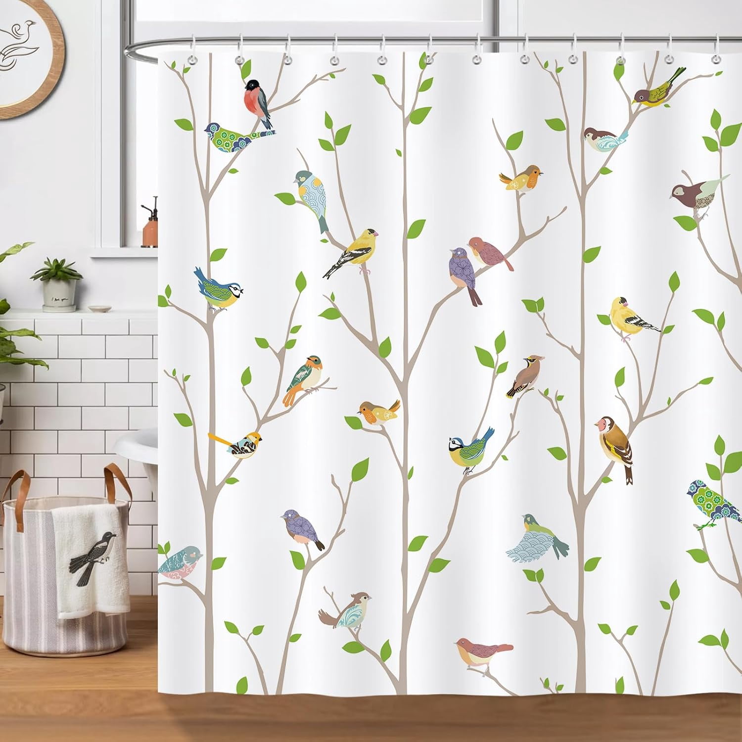 QeHoelyfe Floral Hummingbird No-Hook Shower Curtain With Snap-in Liner - 71x74 Inch Watercolor Bathroom Decor