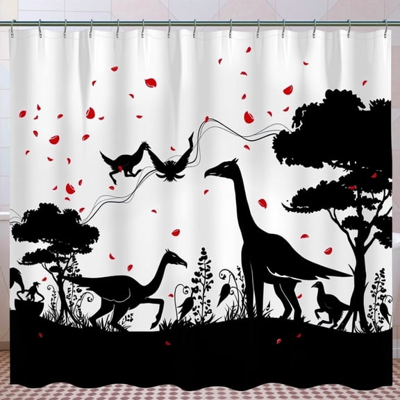 Bird Shower Curtain - White with Black Design Red Petals & Nature Elements