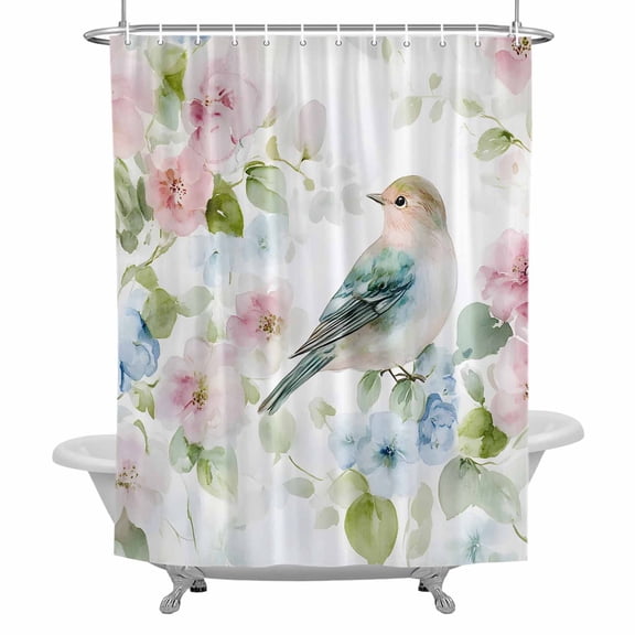 Bird Shower Curtain for Bathroom, Spring Flower Waterproof Cloth Fabric Bathroom Accessories Set with 12 Rust Proof Plastic Hooks, 72"x72"