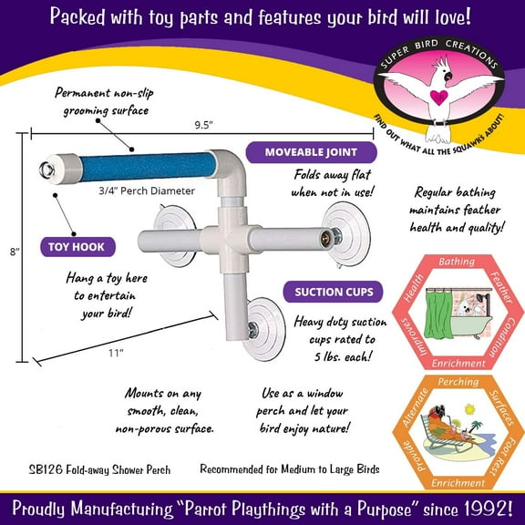 Bird Shower Window Perch for Medium to Large Birds - Multi-Functional Stand with Heavy Duty Suction Cups