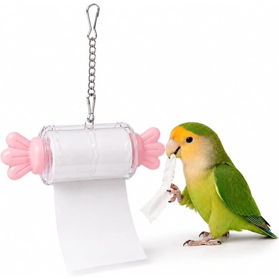 Bird Shredding Toy with Hanging Foraging Paper Roller & Metal Chain, Chewing Enrichment Cage Accessory for Cockatiel Conure Parakeet Medium Birds (Pink)