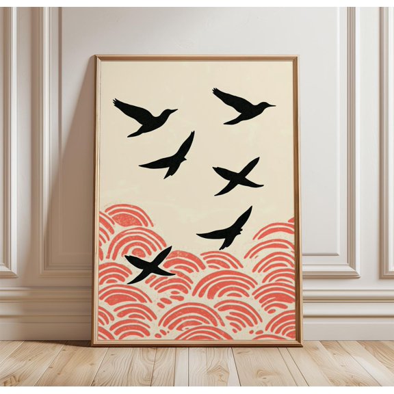 Bird Silhouette Poster | Japanese Wave Wall Art | Minimal Nature Print | Seigaiha Style Decor | Modern Graphic Art, Poster Only