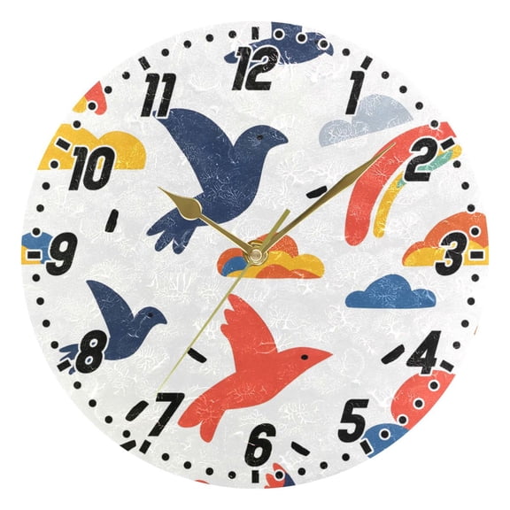 Bird Silhouette and Clouds Round Wall Clock Battery Operated Silent Non-Ticking Bedroom Office Kitchen Home School Decor 10"(Gold)