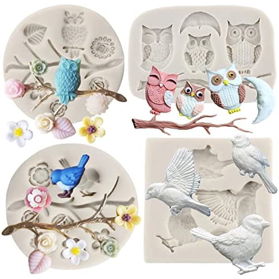 Bird Silicone Molds Owls Tree Branch Fondant Mold Flower Leaves Silicone Molds For Cake Decorating Candy Chocolate Gum Paste Crafting Polymer Clay Set Of 4$$Home Decor, Kitchen, & Other