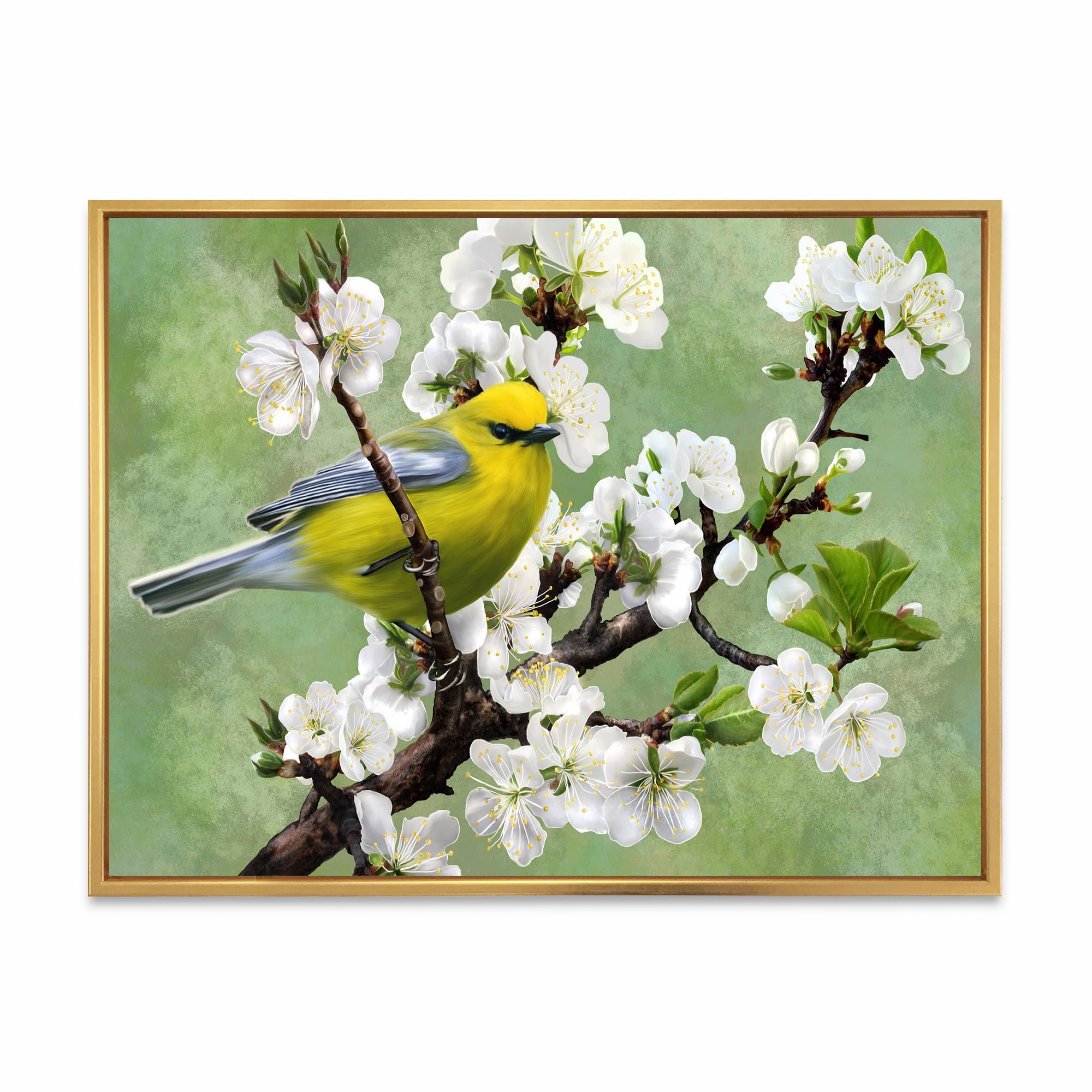 Bird Sitting On A Branch of Cherry 32 in x 16 in Framed Painting Canvas Art Print, by Designart