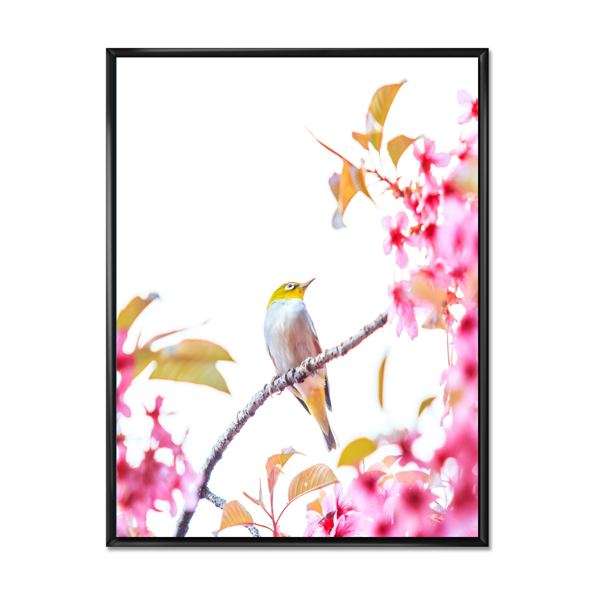 Bird Sitting On Cherry Blossom 16 in x 32 in Framed Painting Canvas Art Print, by Designart