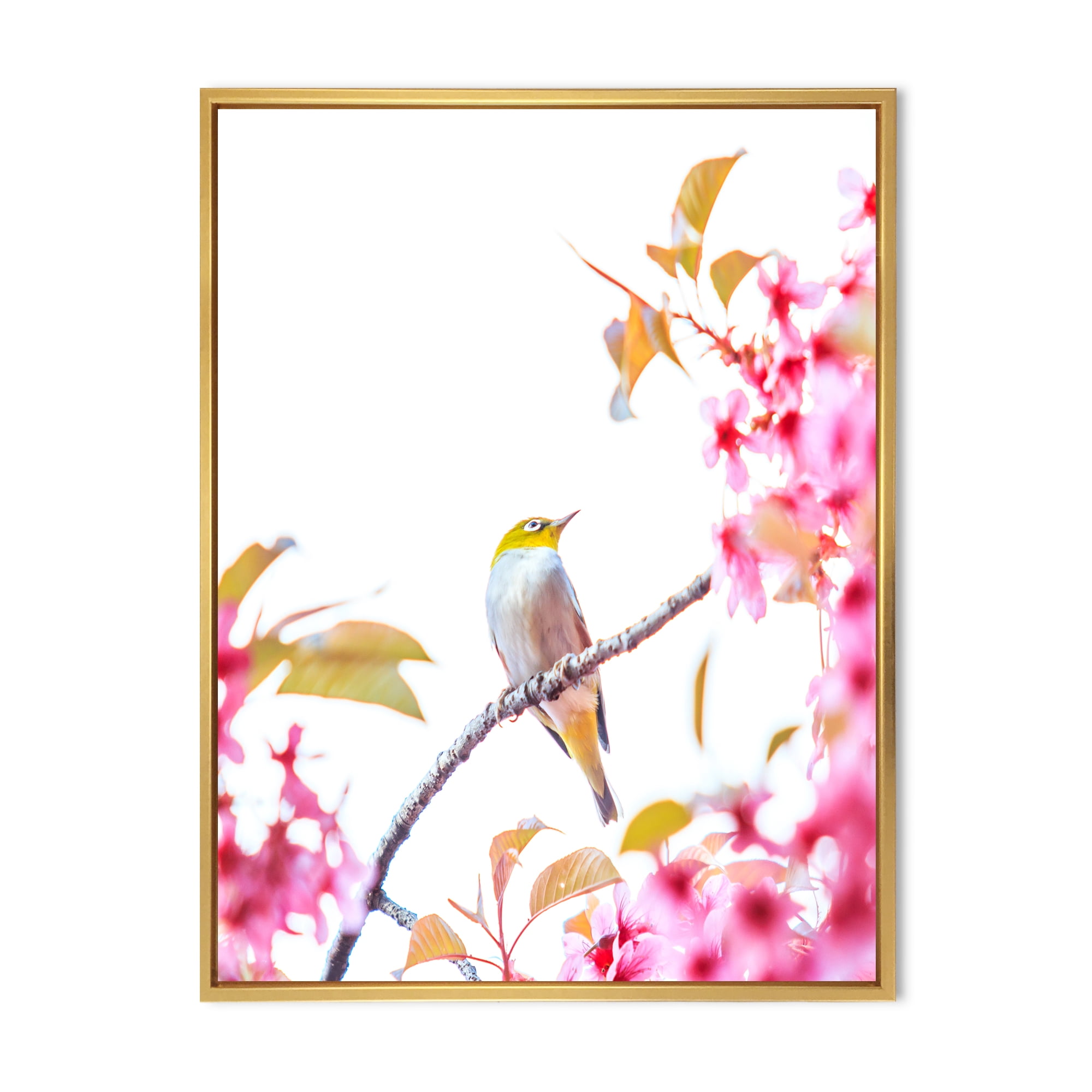 Bird Sitting On Cherry Blossom 30 in x 40 in Framed Painting Canvas Art Print, by Designart