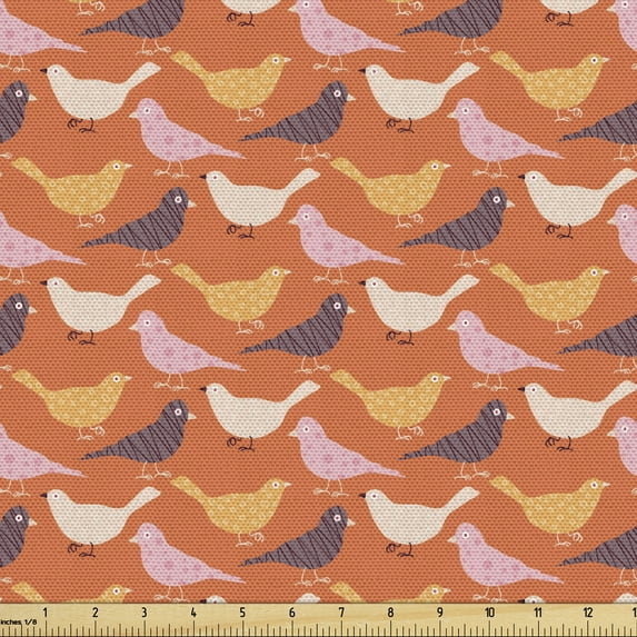 Bird Sofa Upholstery Fabric by the Yard, Flying Animals with Zigzags and Polka Dot Details, Decorative Fabric for DIY and Home Accents, Burnt Sienna Multicolor by Ambesonne