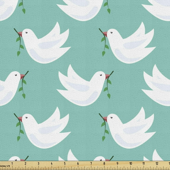 Ambesonne Bird Fabric by the Yard Upholstery, Doodle Dove with Branch, 10 Yards, Turquoise