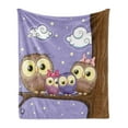 thumbnail image 1 of Bird Soft Flannel Fleece Blanket, Cartoon Style Owl Bird Family Mother Father Daughter Son Sitting on a Branch, Cozy Plush for Indoor and Outdoor Use, 70" x 90", Lavender and Brown, by Ambesonne, 1 of 6